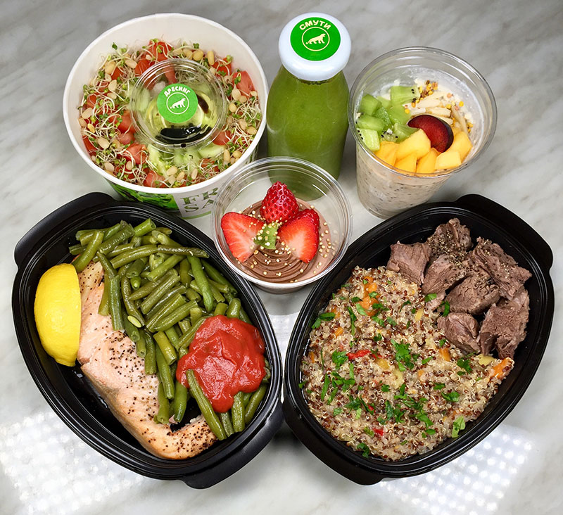 healthy menu with two main meals, salads, shame and dessert