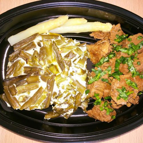 Телешко със запеканка от зелен фасул, белтъци и бели аспержи