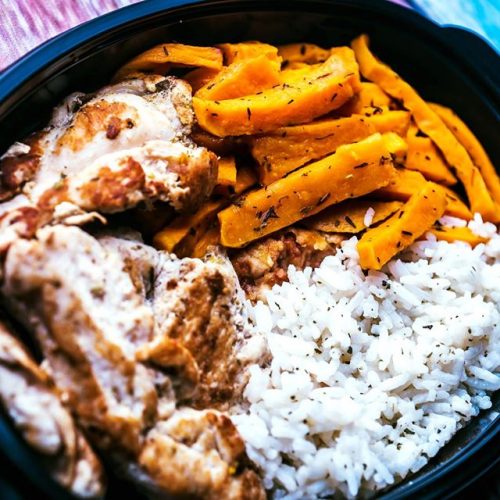 Прясно пуешко месо със сладък картоф и бял бaсмати ориз