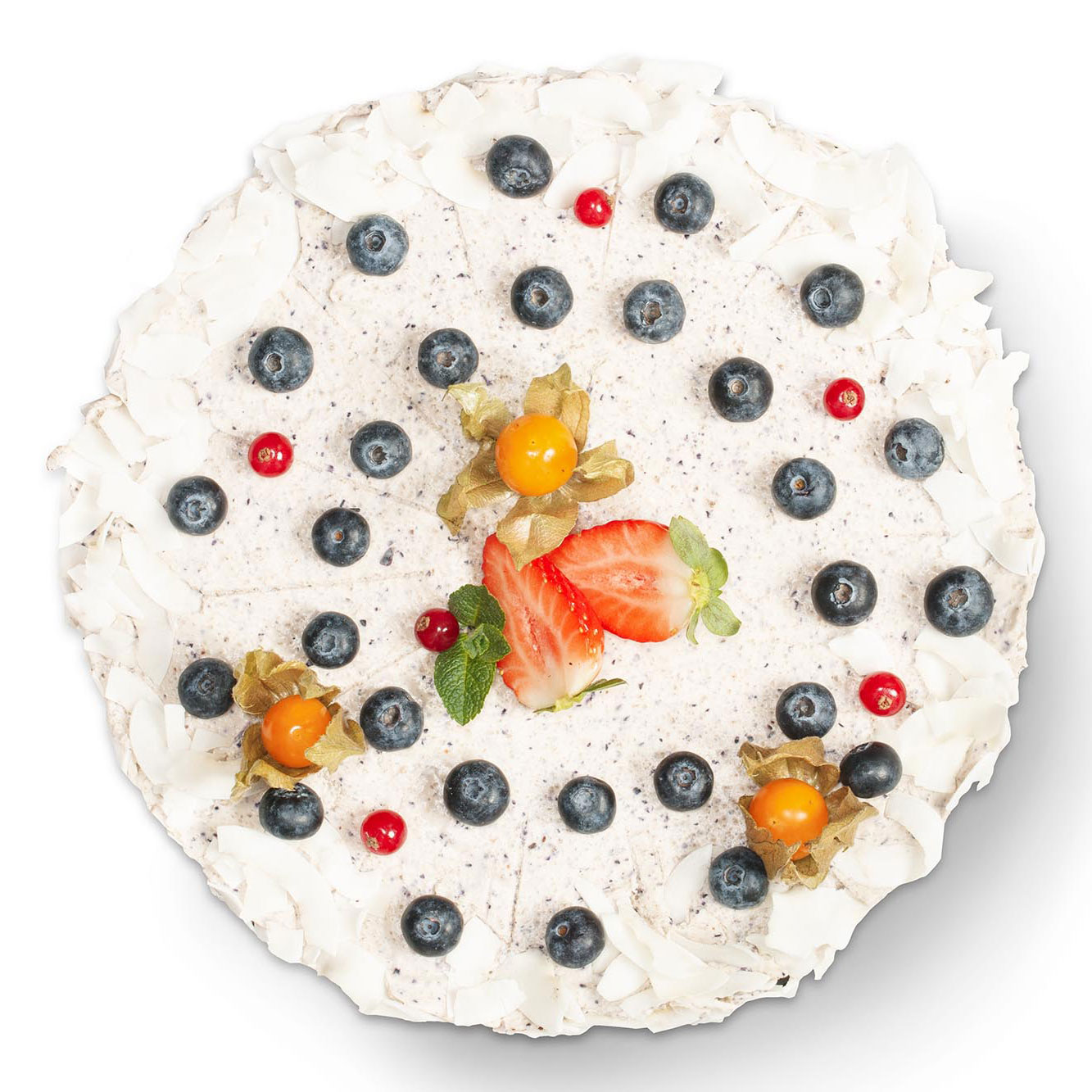 Веган торта с физалис, ягоди и боровинки - квадратно изображение