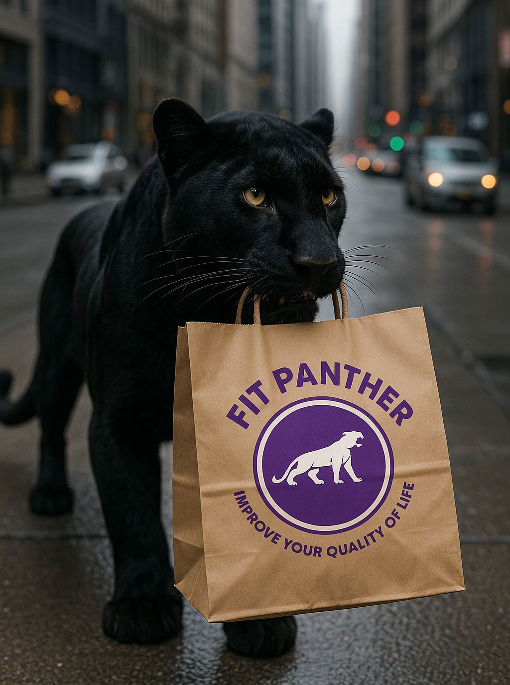 черна пантера държи плик с храна от fit panther насред улицата