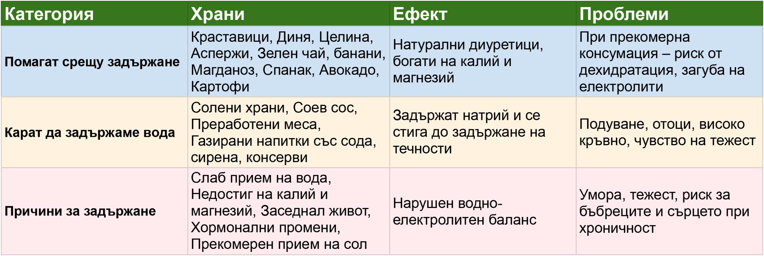 изображение таблица на храни които помагат срещу задържане на вода